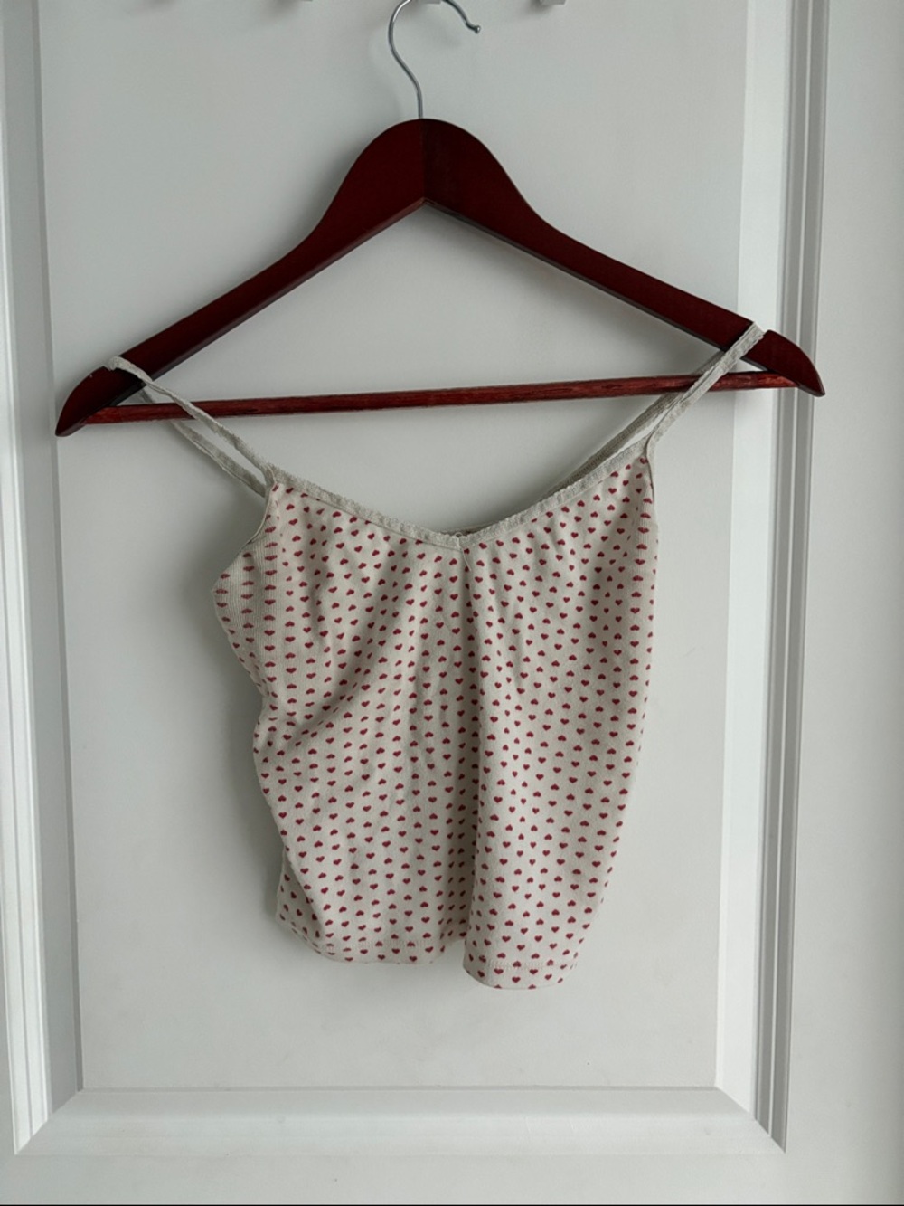 Cream Spaghetti Strap Tank Top with Red Heart Print